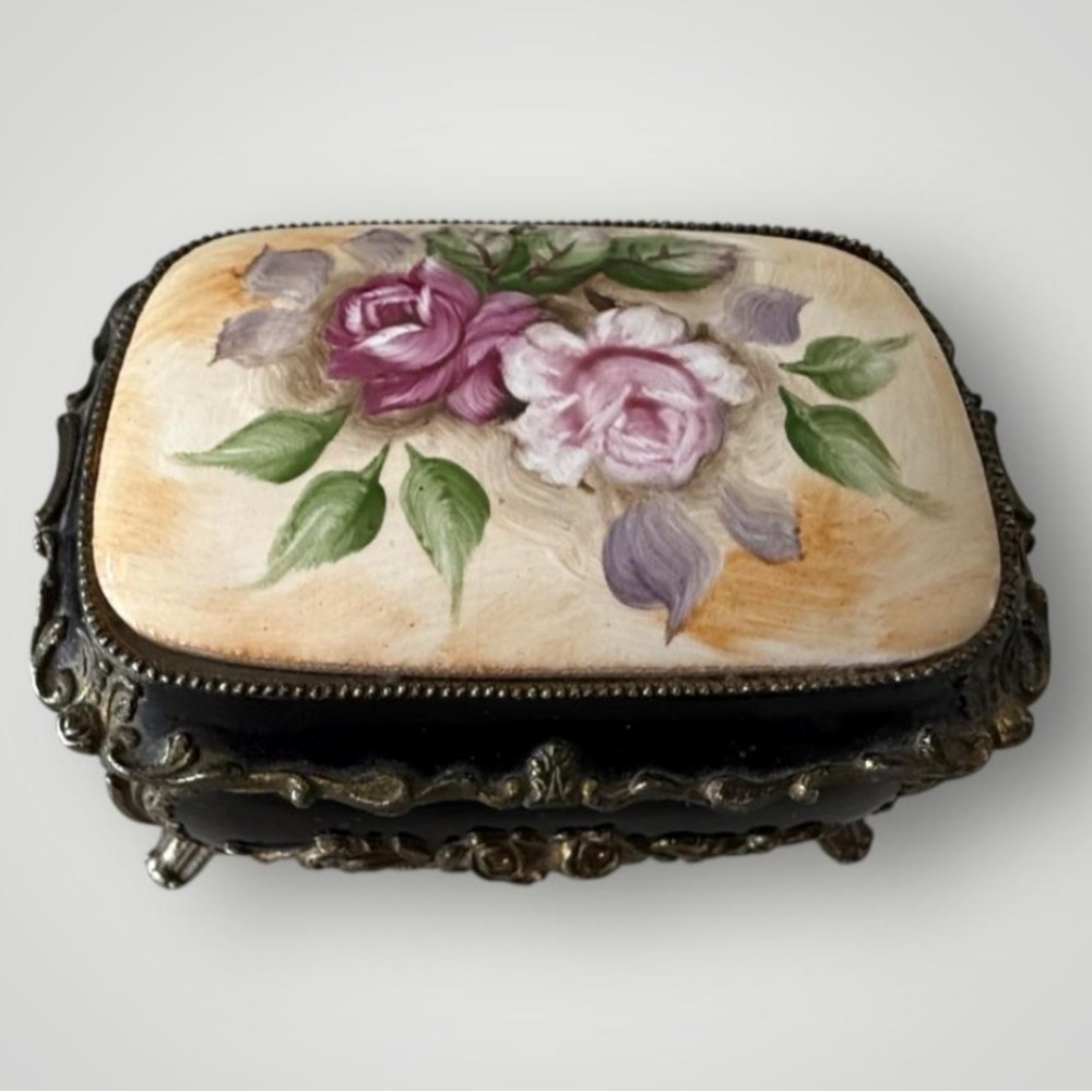 Vintage Sankyo Japan Hand-Painted Porcelain & Brass Music Box  | 4"×2¼"